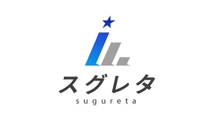ロゴデザインの画像で、青とグレーの三角形を組み合わせたシンボルマークに文字「スグレタ」と「sugureta」が表示されています。